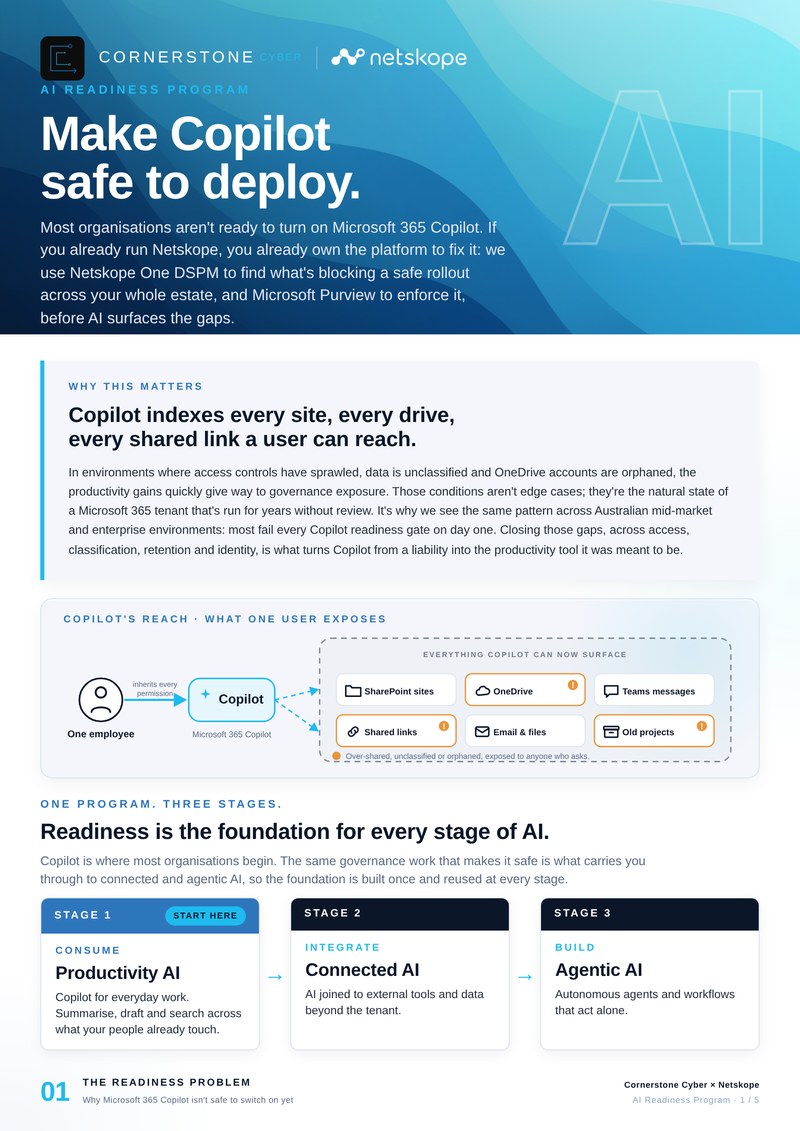 AI readiness brochure cover, Cornerstone Cyber with Netskope